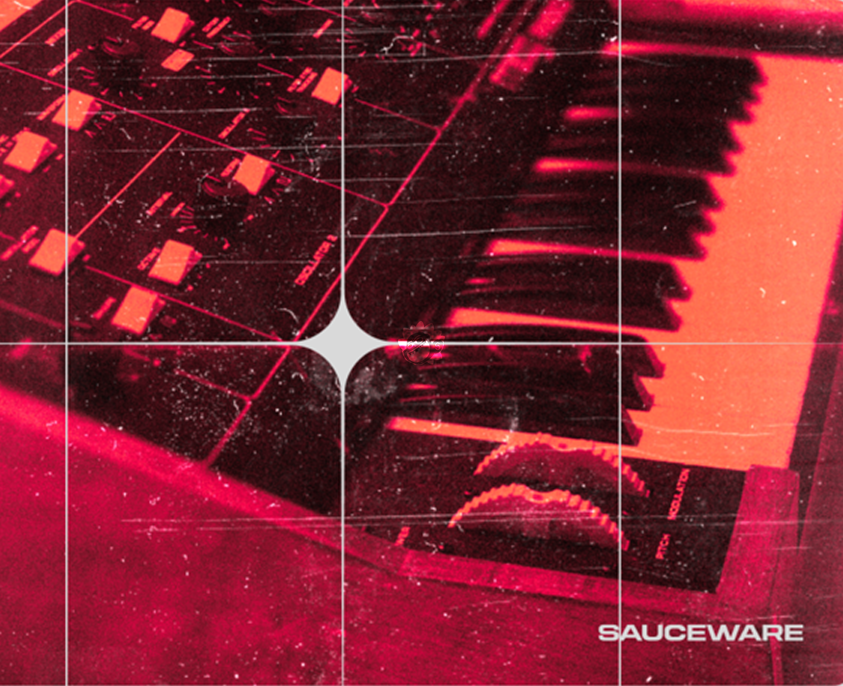 Red-tinted image of a synthesizer keyboard with knobs and buttons.
