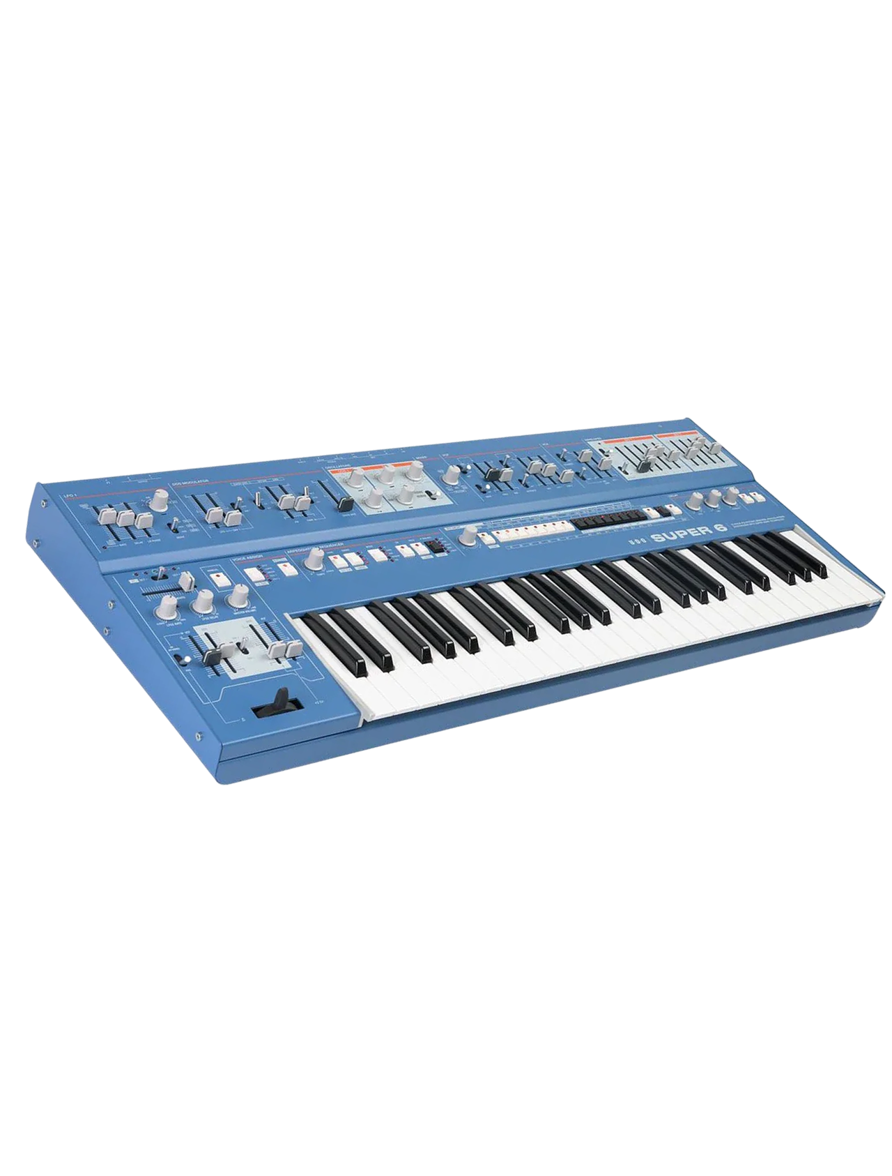 Blue synthesizer keyboard with various knobs and sliders on a black background.