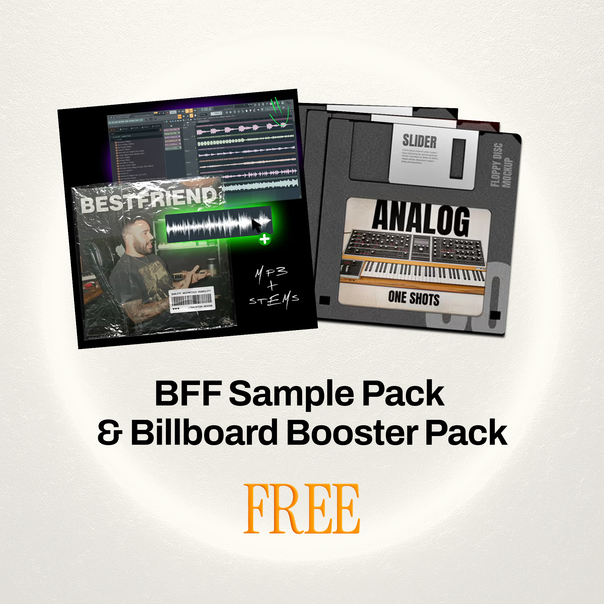 Collage of music production software, floppy disks, and text promoting free sample packs.