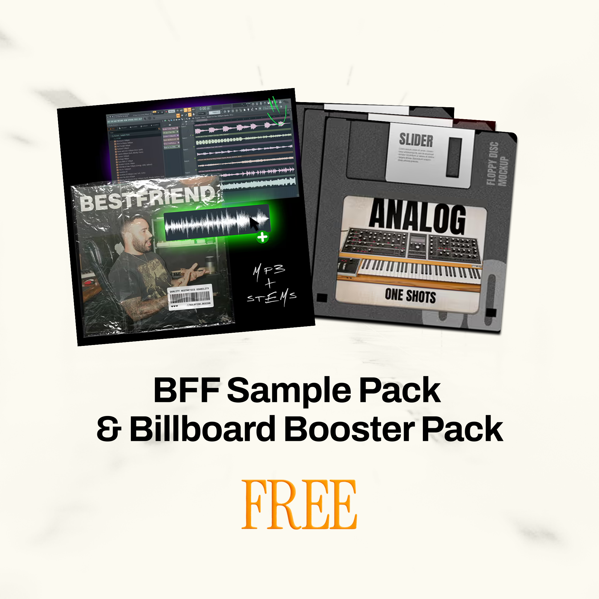 Collage of music production software and floppy disk images with text promoting free sample packs.