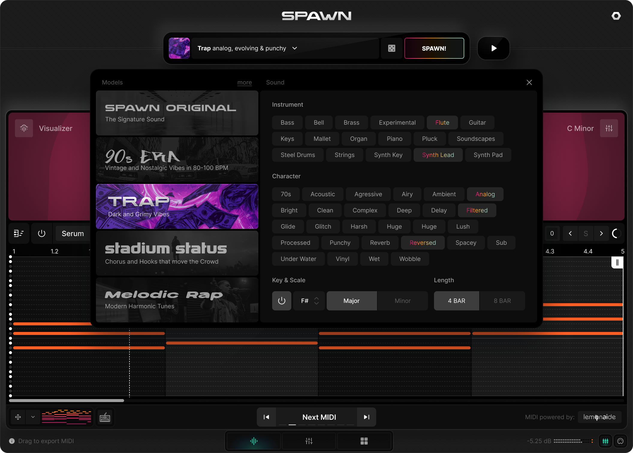 Music software interface with sound selection and customization options.
