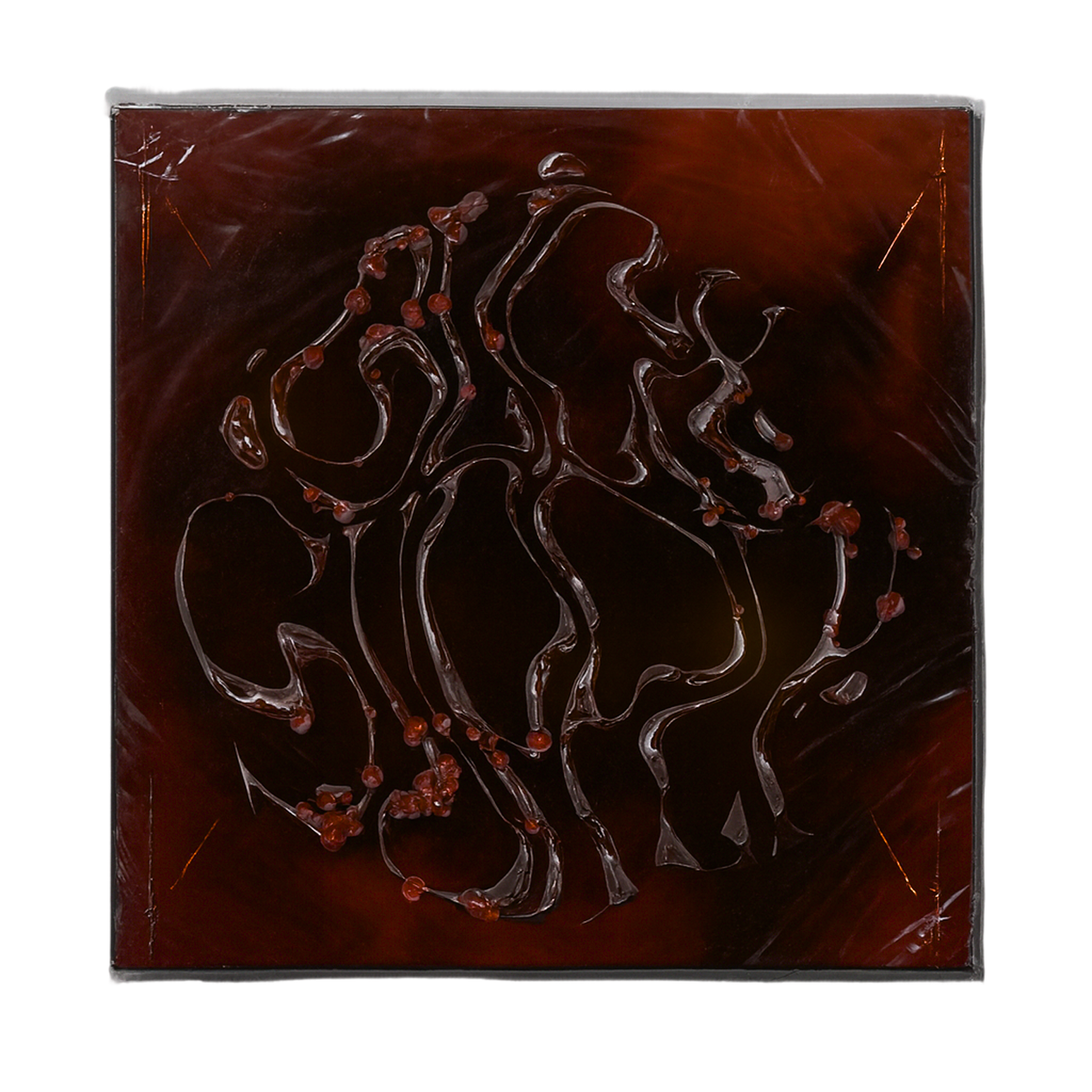 Abstract design with swirling lines and red dots on a dark background.