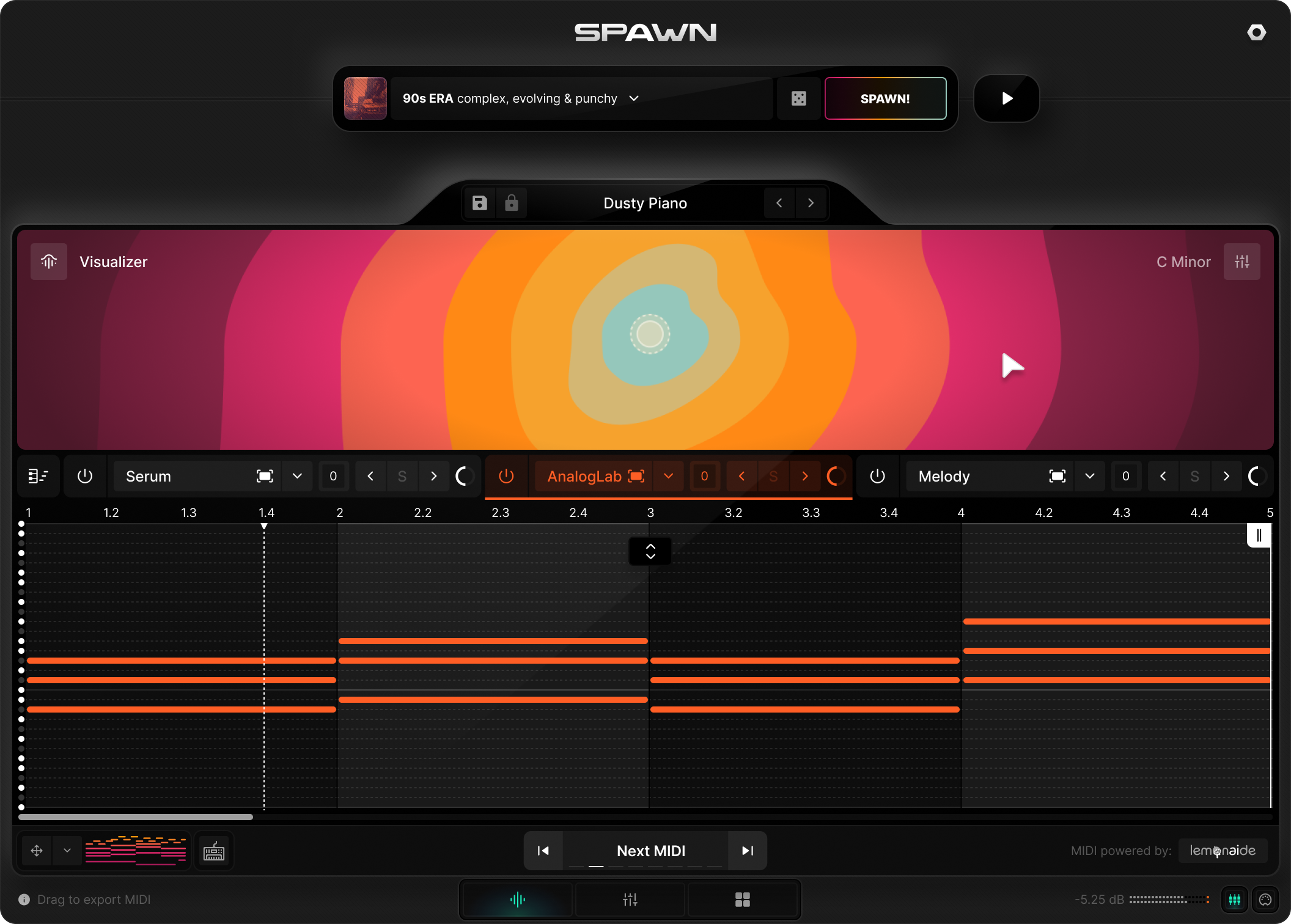 Music production software interface with colorful visualizer and MIDI editor.