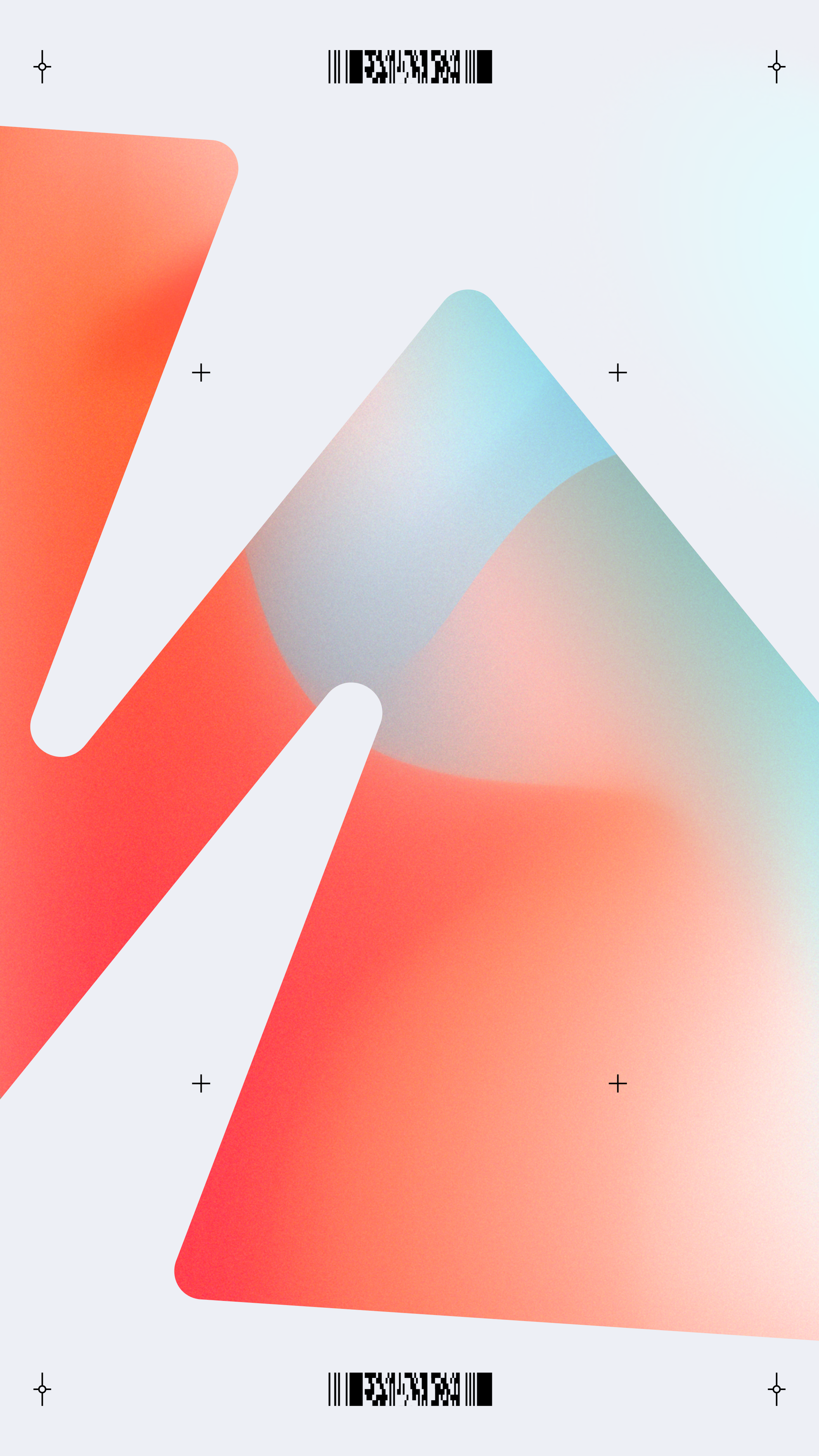 Abstract design with red and blue gradient shapes on a light background.