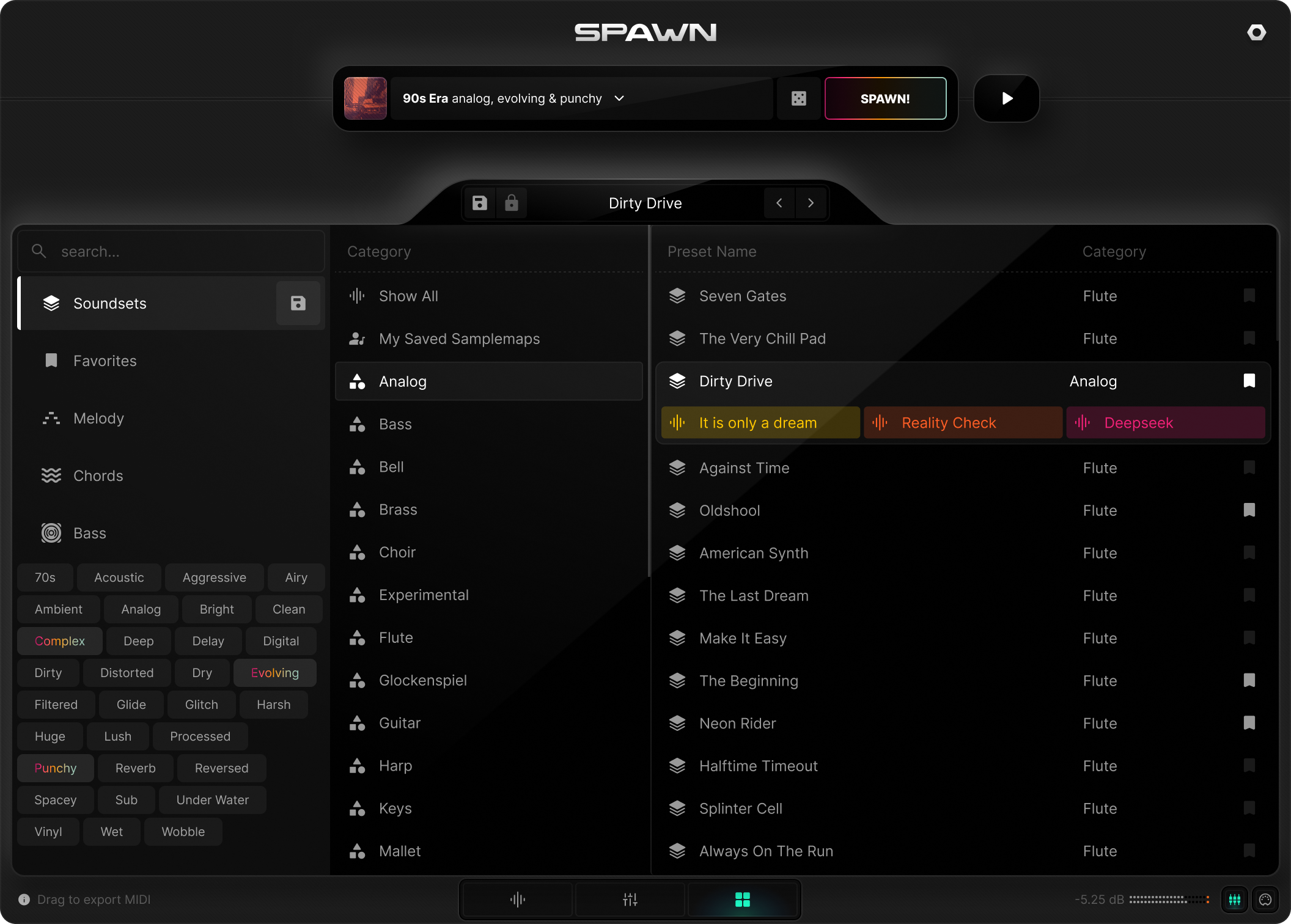 Music software interface with soundset categories and preset names displayed.