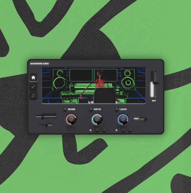 Digital audio interface with colorful sound controls on a green background.