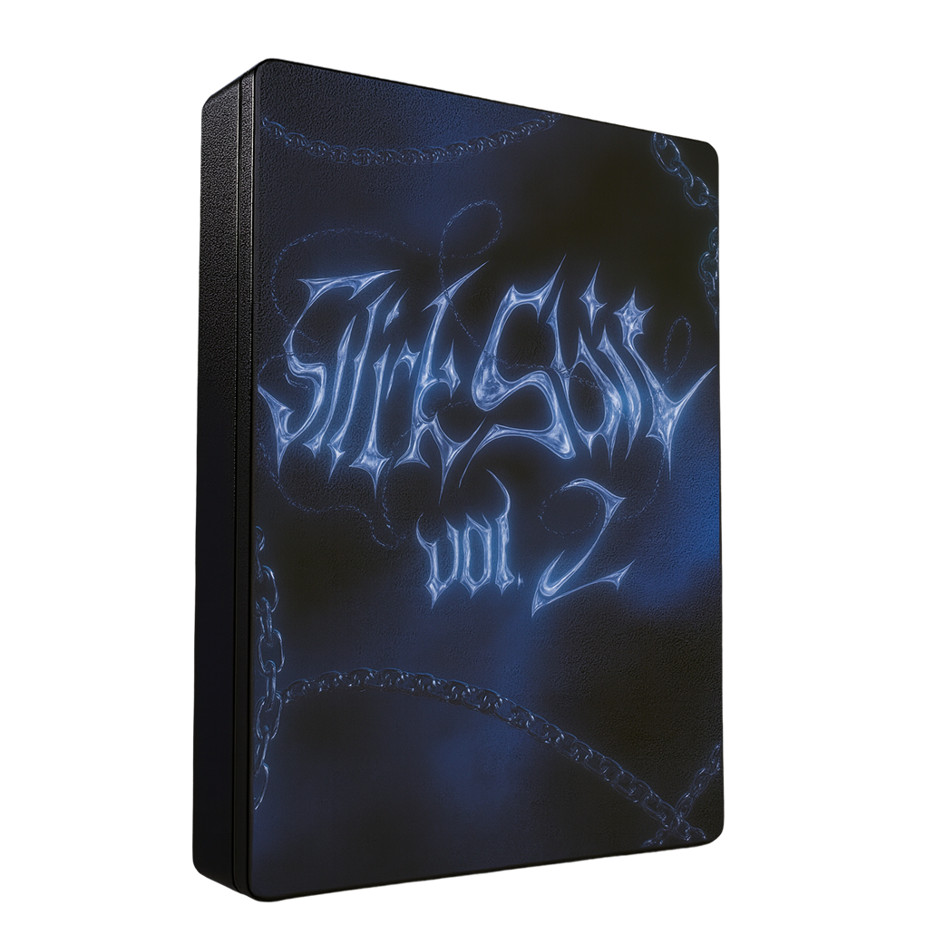 Dark cover with blue gothic text and chain design.