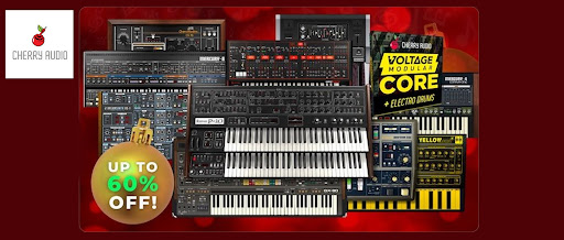 Various synthesizers and electronic music gear with a '60% off' discount banner.