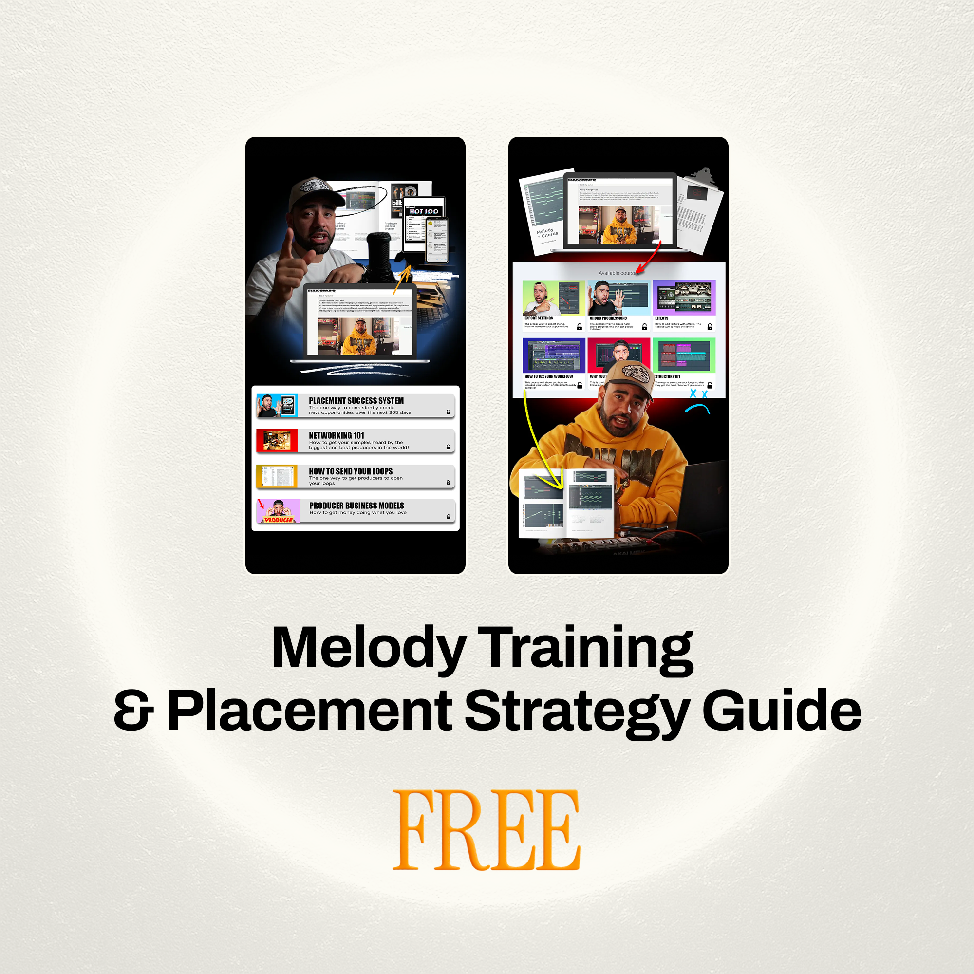 Two images of a man with text about melody training and placement strategy guide, labeled 'FREE.'