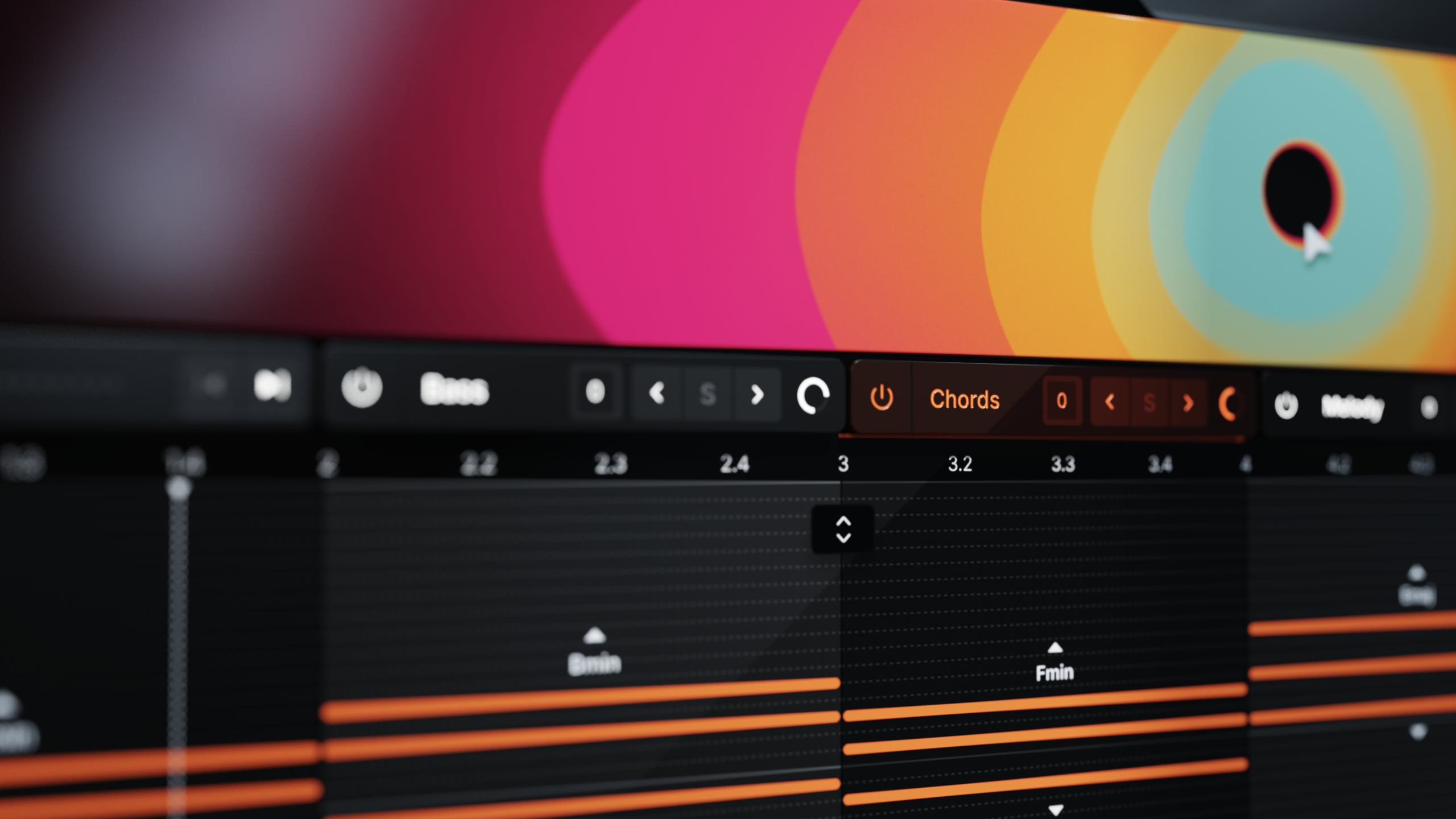 Colorful music production software interface with chord and melody options.