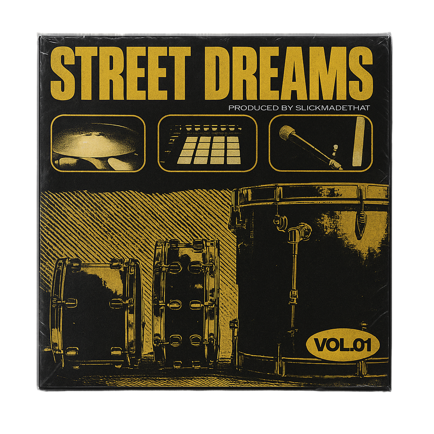 Album cover with drums, microphone, and music equipment illustrations.