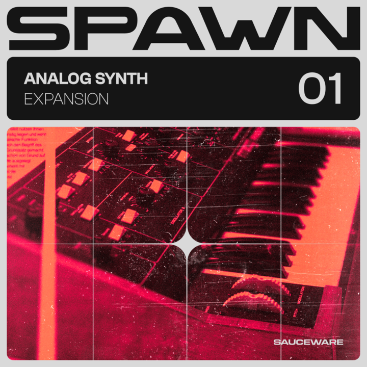 Red-tinted image of an analog synthesizer with text 'SPAWN Analog Synth Expansion 01.'
