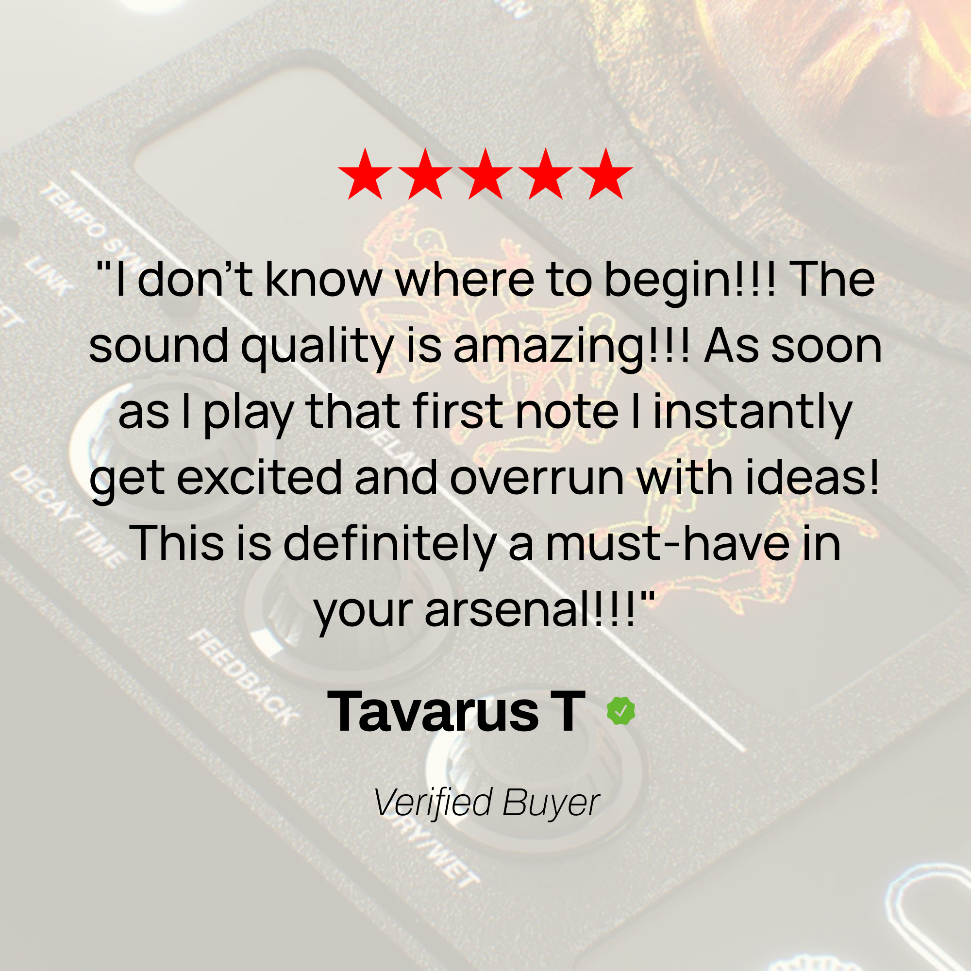 Five-star review with text praising sound quality, attributed to Tavarus T, verified buyer.