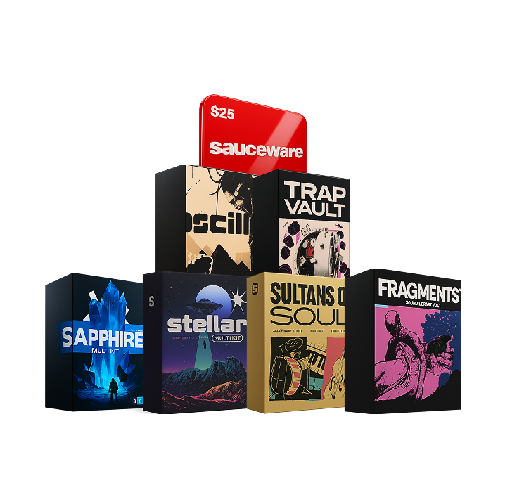 Collection of music production software boxes with a $25 Sauceware label.