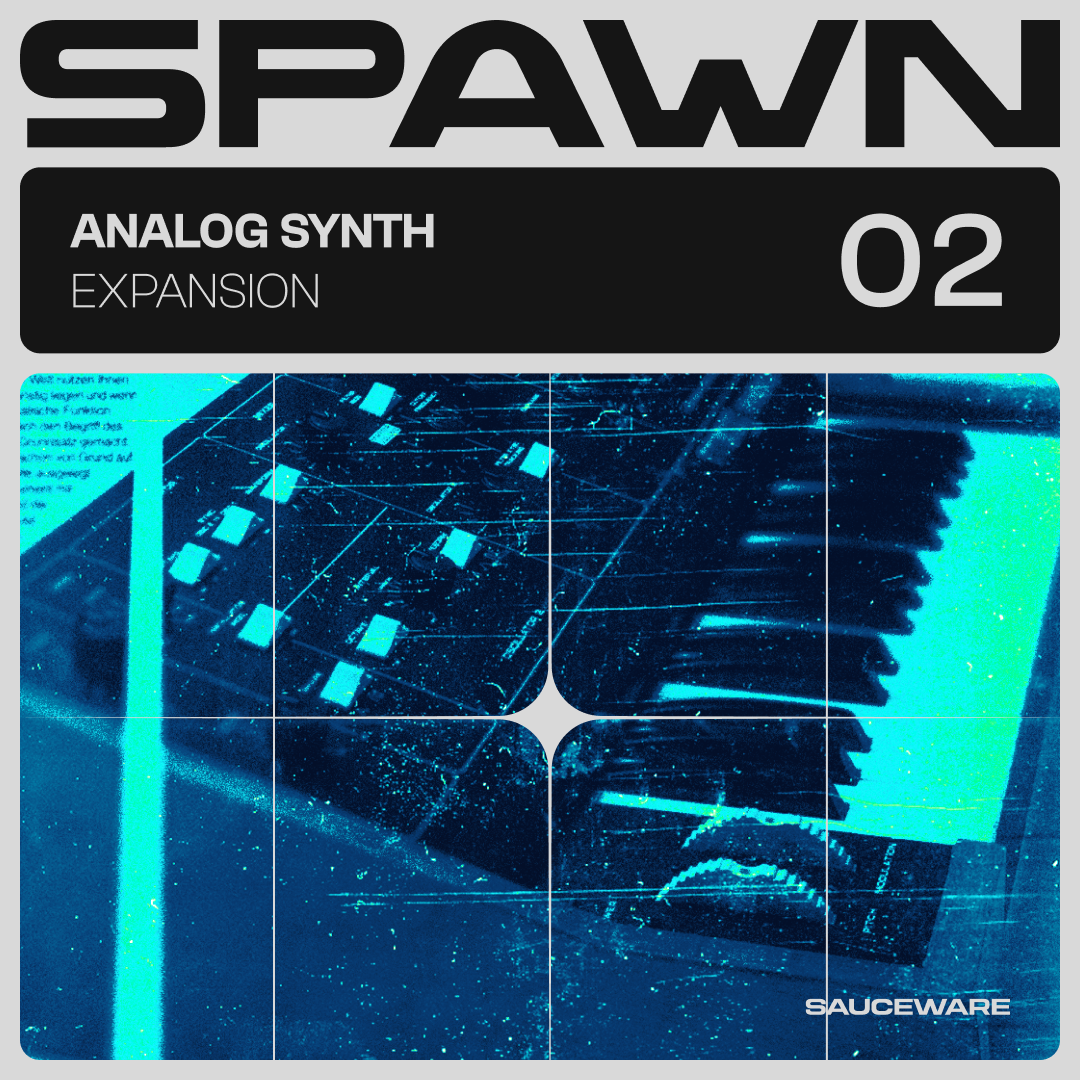 Image of an analog synthesizer with digital design elements and text labels.