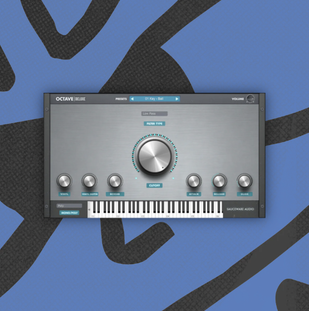 Digital synthesizer interface with knobs and keyboard on a blue and black background.