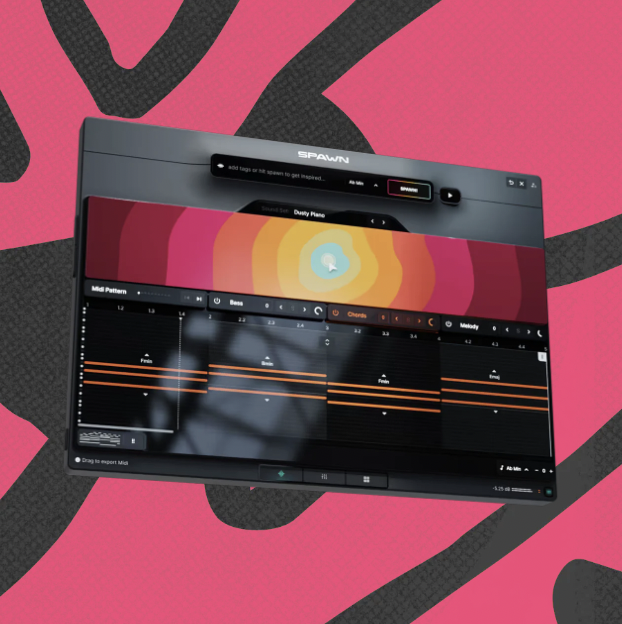 Music software interface with colorful waveform and controls on a pink background.