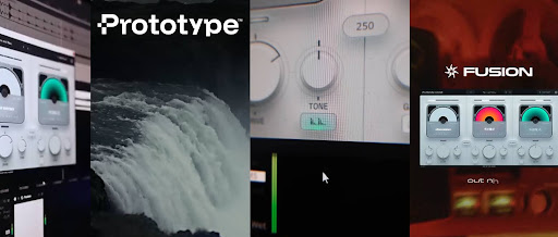 Collage showing audio software interfaces and an image of a waterfall.