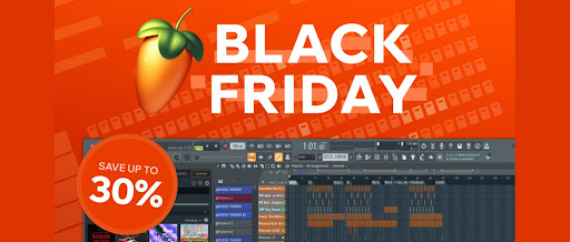 Black Friday sale ad with FL Studio software interface and 30% discount offer.
