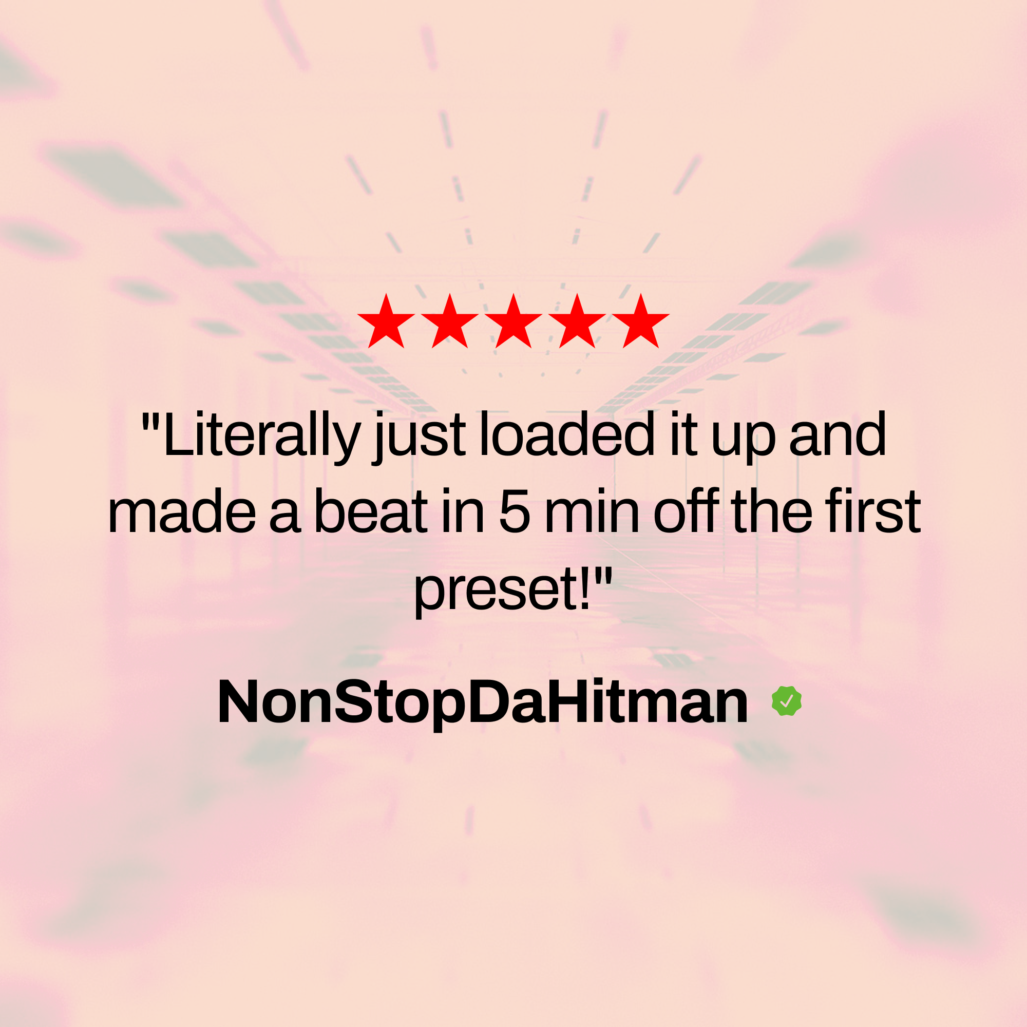 Text review with five red stars and a username on a blurred background.