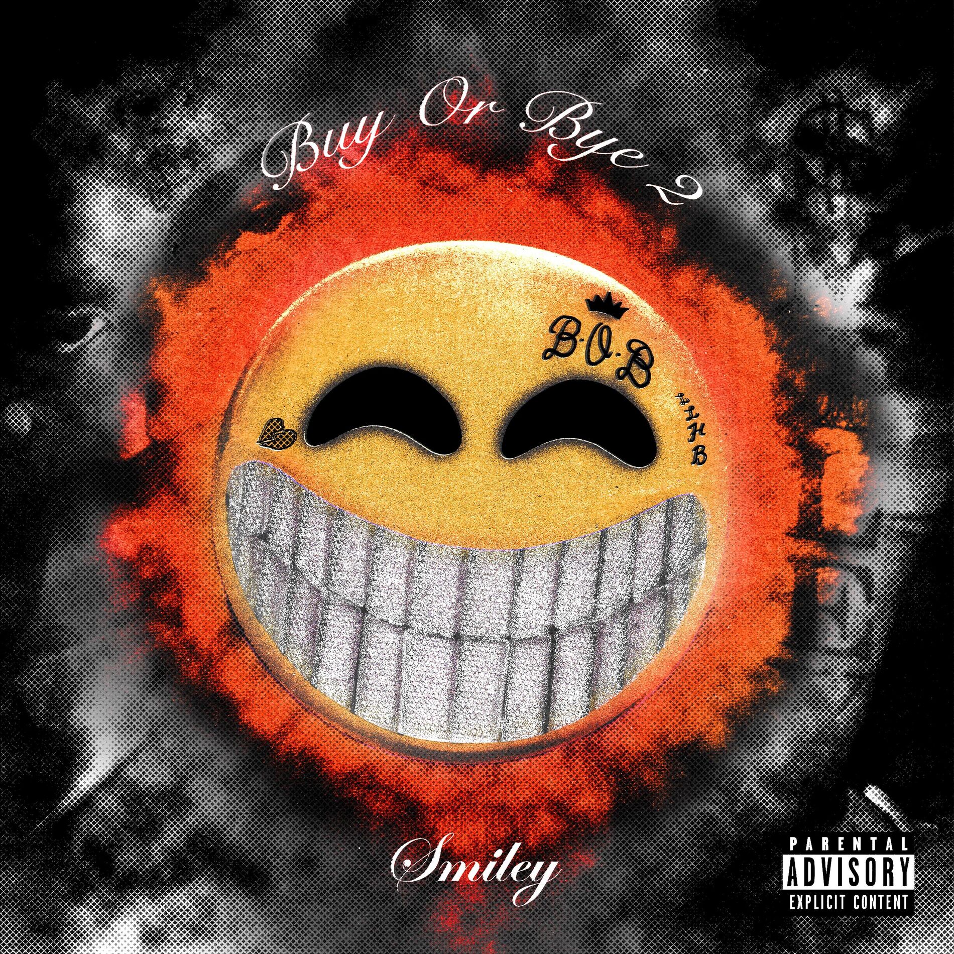 Smiley face with tattoos and large grin on fiery background.