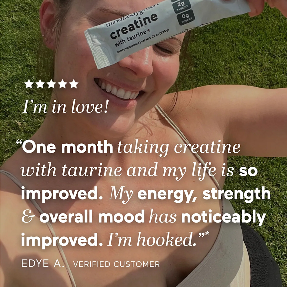 Smiling person holding creatine packet with testimonial text overlay.