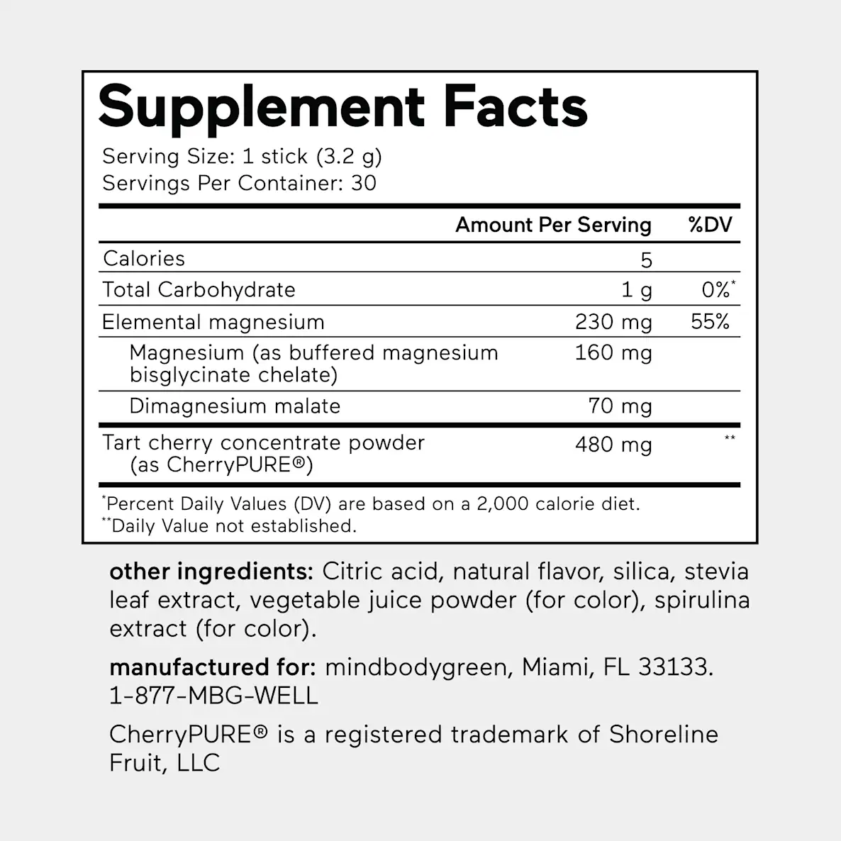Supplement facts label for a product containing magnesium and tart cherry concentrate.