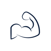 Simple line drawing of a flexed bicep muscle inside a circle.