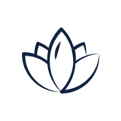 Simple lotus flower icon in dark blue on a white background.
