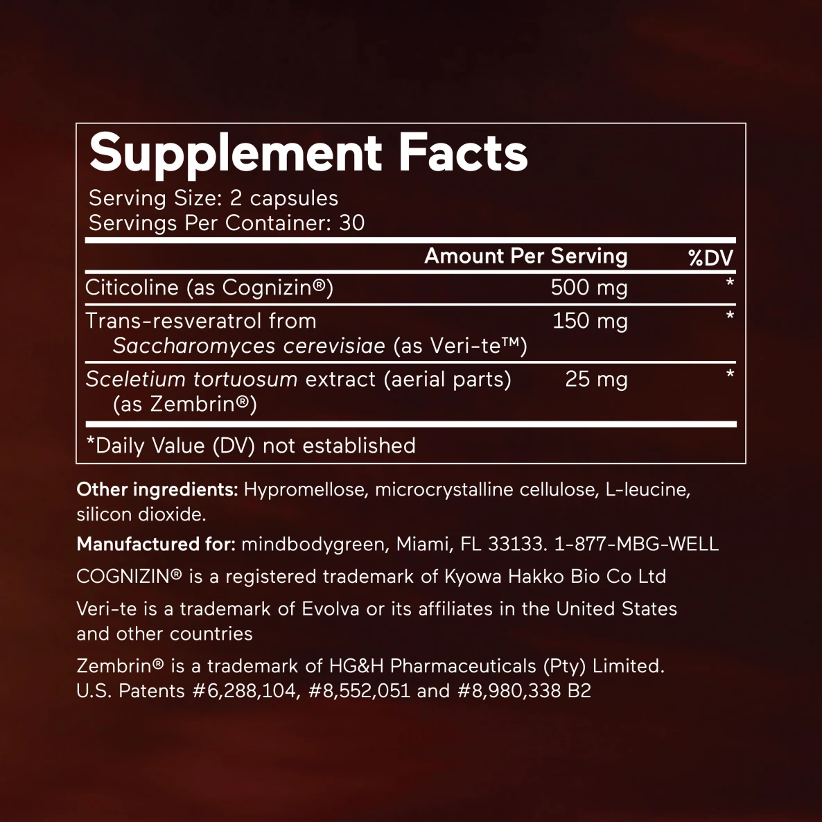 Supplement facts label with ingredients and manufacturer details.