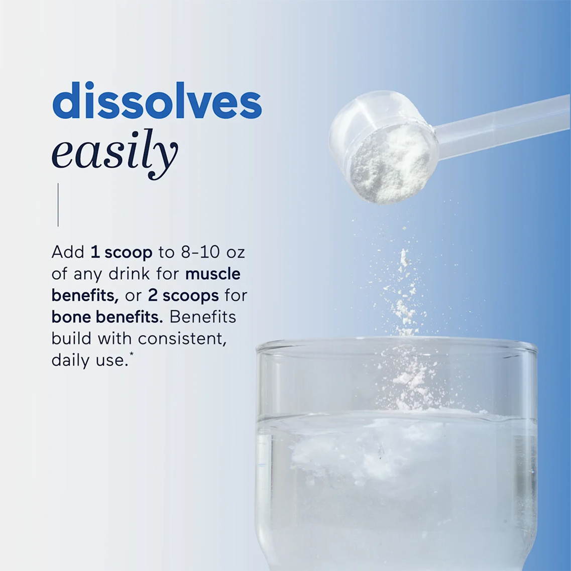 Scoop of powder being added to a glass of water with text about dissolving easily.