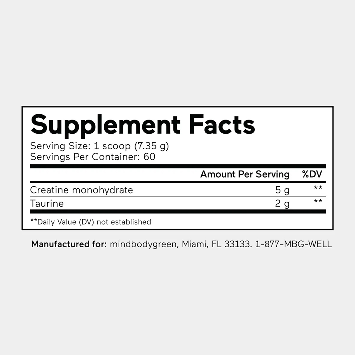 Supplement facts label showing creatine monohydrate and taurine amounts per serving.