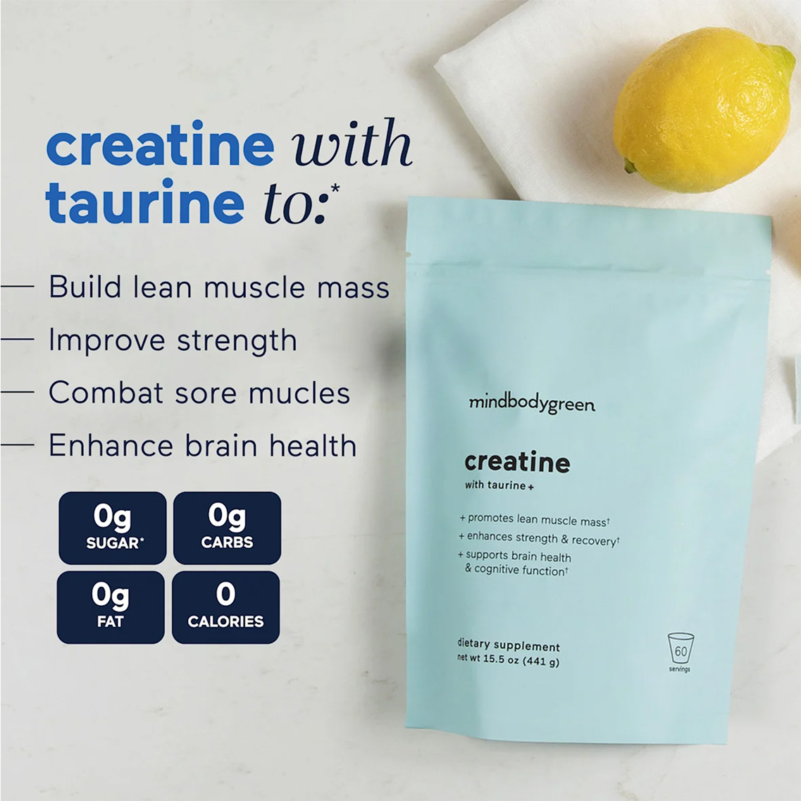 Creatine supplement package with benefits listed and a lemon on a white background.