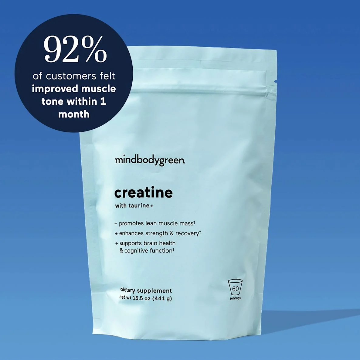 Blue package of creatine supplement with text about benefits and customer satisfaction.