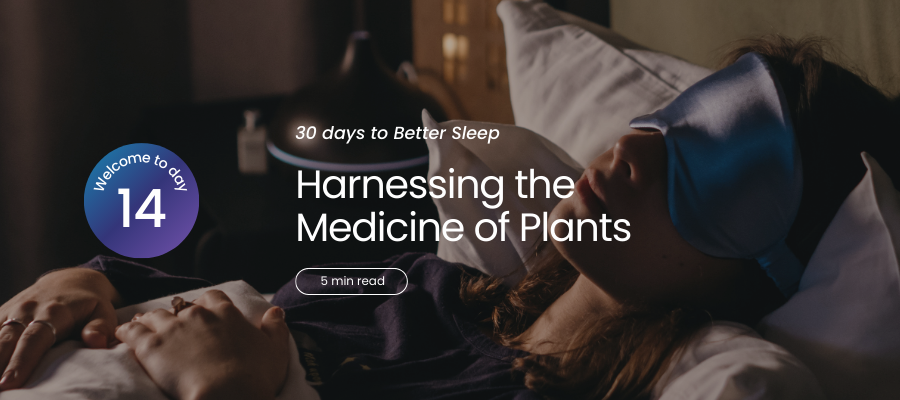 Person sleeping with an eye mask, text overlay about plant medicine for better sleep.