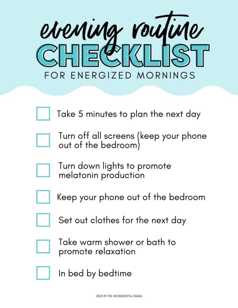 Evening routine checklist with tasks for energized mornings.