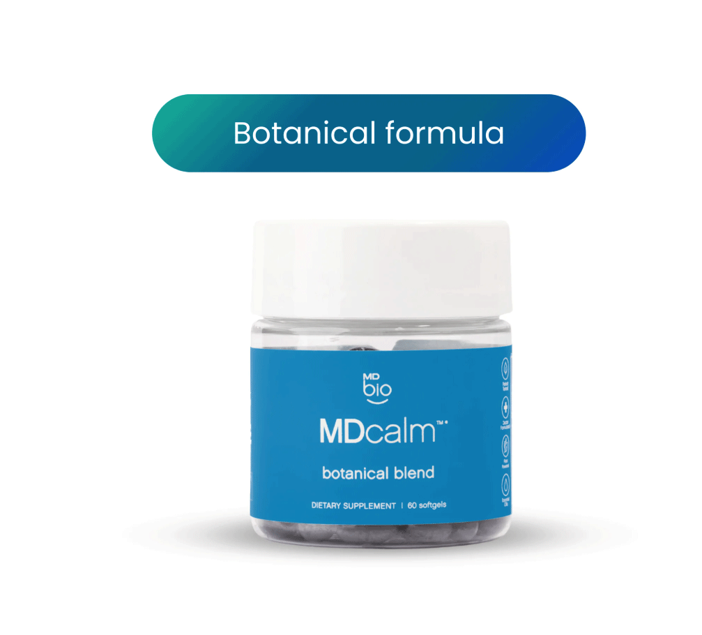 Jar of MDcalm botanical blend dietary supplement with blue label.