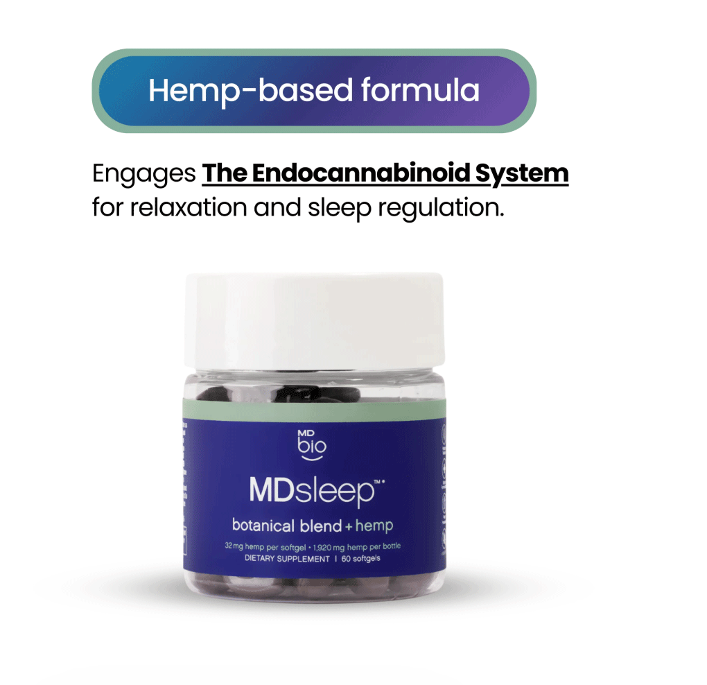 Jar of MDsleep hemp-based dietary supplement with text about relaxation and sleep regulation.