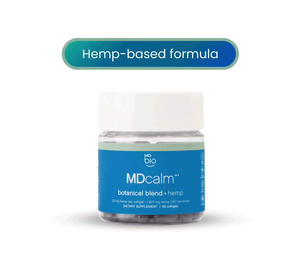 Jar of MDcalm hemp-based dietary supplement with blue label.