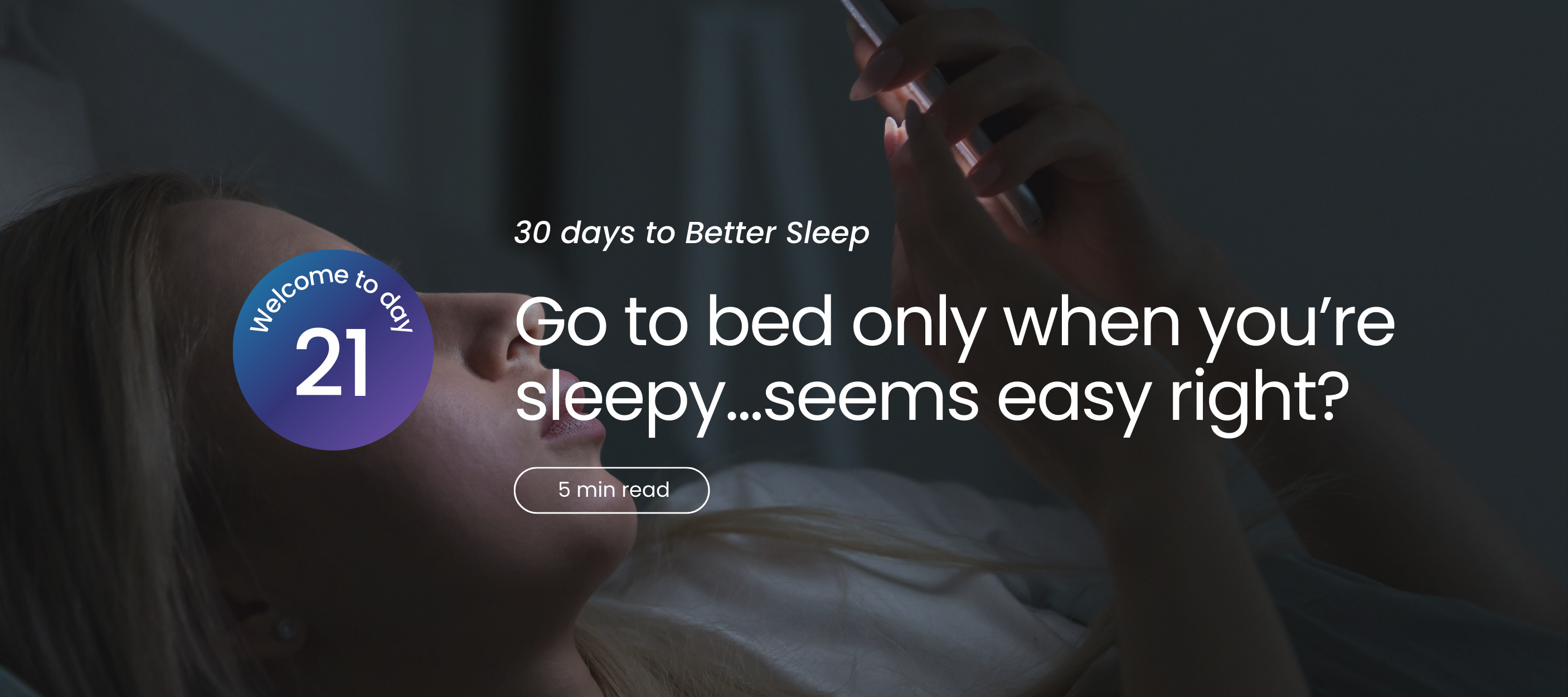 Person lying in bed using a smartphone, text overlay about sleep advice.