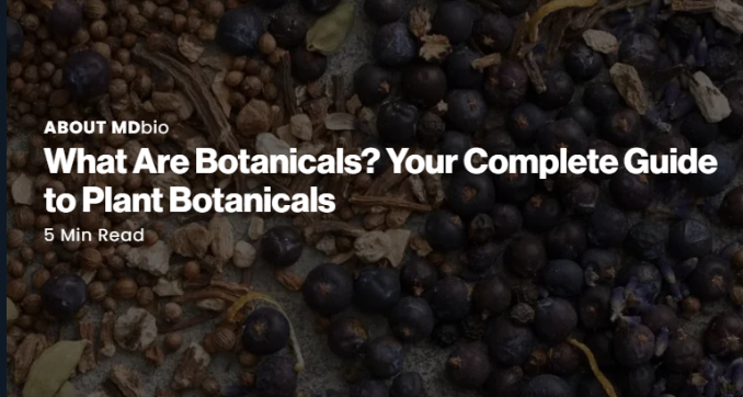 Assorted dried botanicals with text overlay about a guide to plant botanicals.