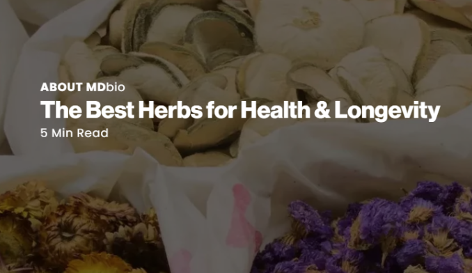 Dried herbs and flowers with text overlay about health and longevity.