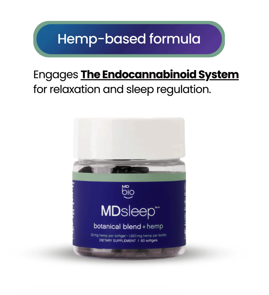 Jar of MDsleep hemp-based dietary supplement with text about relaxation and sleep regulation.