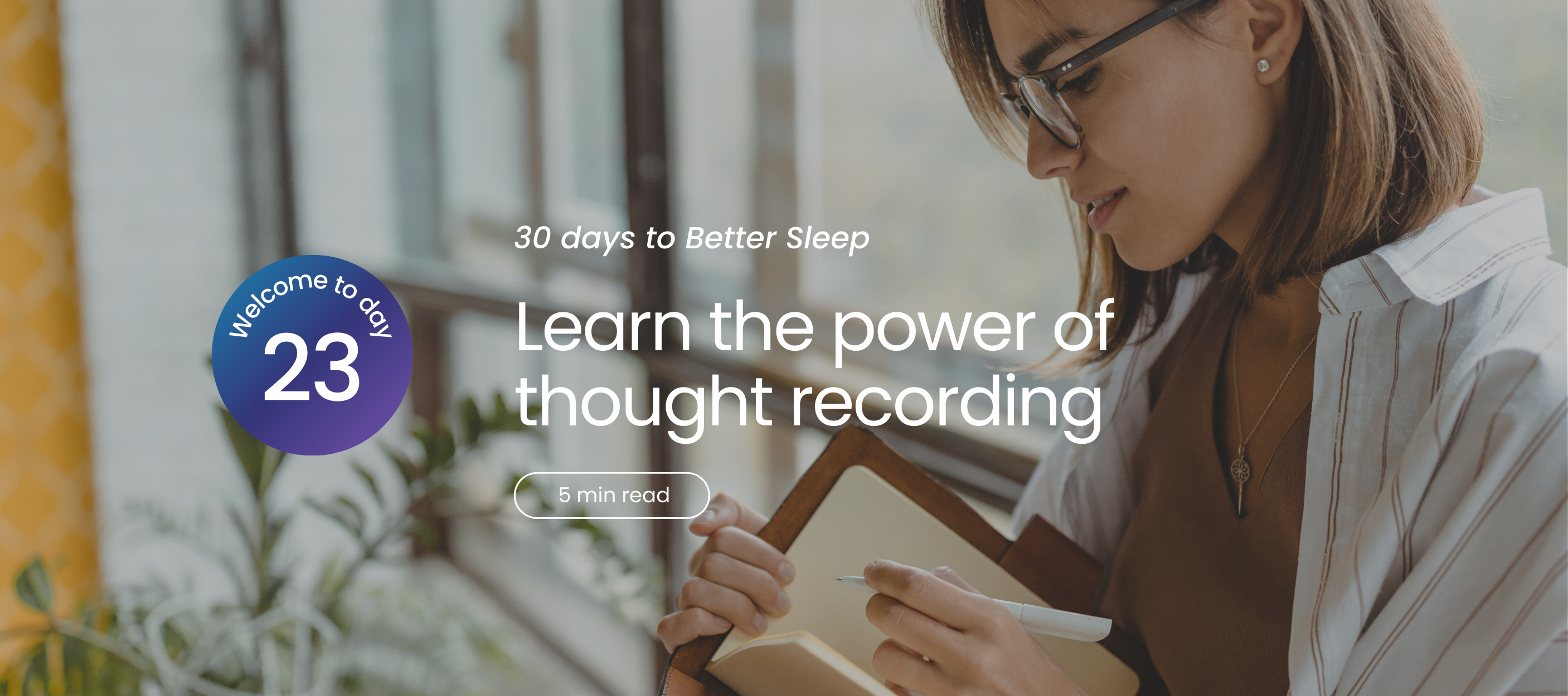 Person writing in a notebook with text overlay about thought recording.