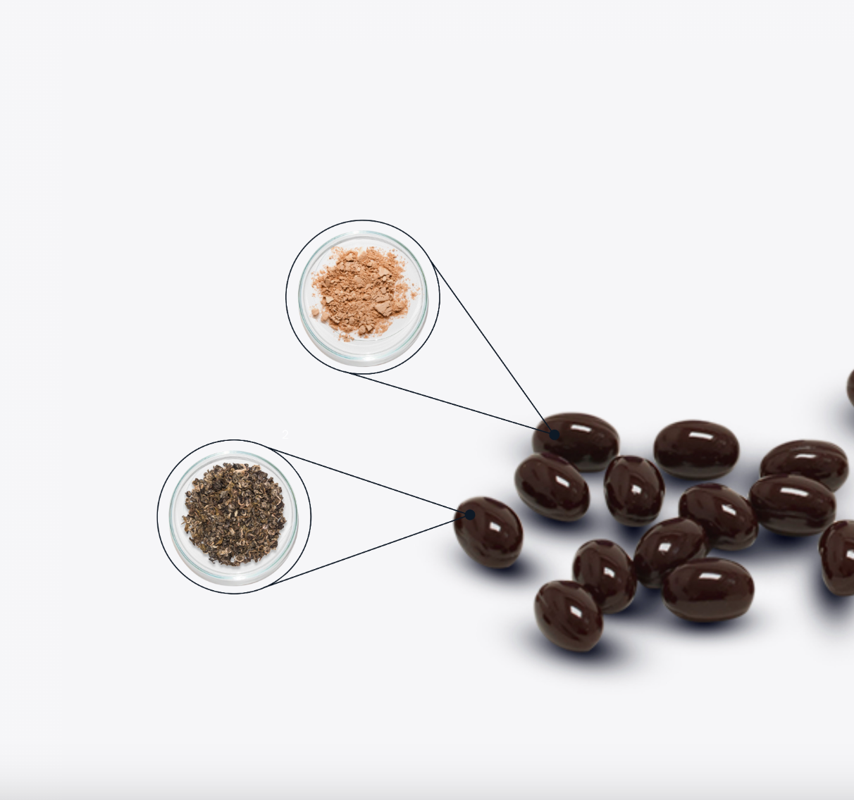 Dark capsules with two ingredient bowls, one with powder, one with seeds.