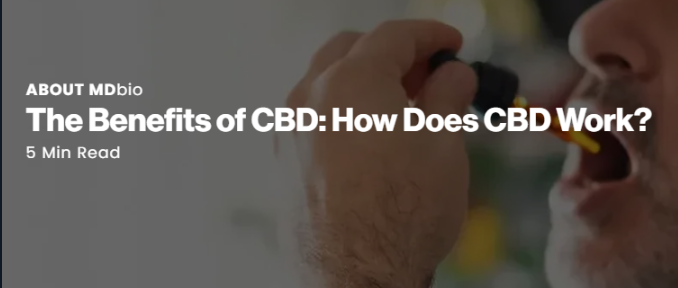 Person using a dropper near their mouth with text about CBD benefits.