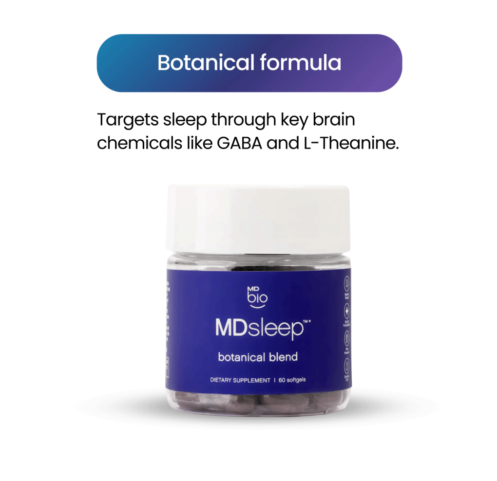 Bottle of MDsleep botanical blend dietary supplement.