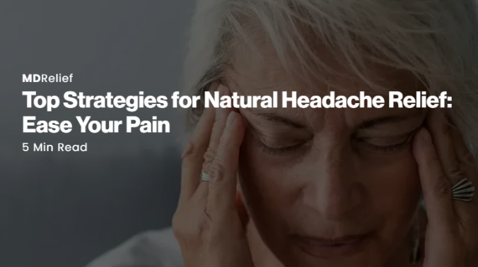 Person holding head in pain, text overlay about headache relief.