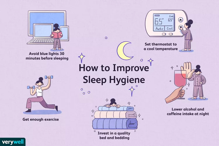 Illustration on improving sleep hygiene with tips like exercise and reducing blue light exposure.