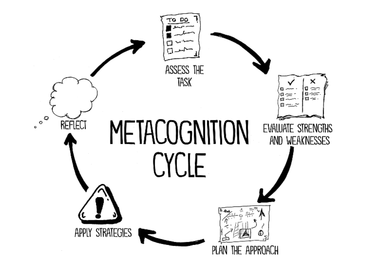 Diagram illustrating the metacognition cycle with five interconnected steps.